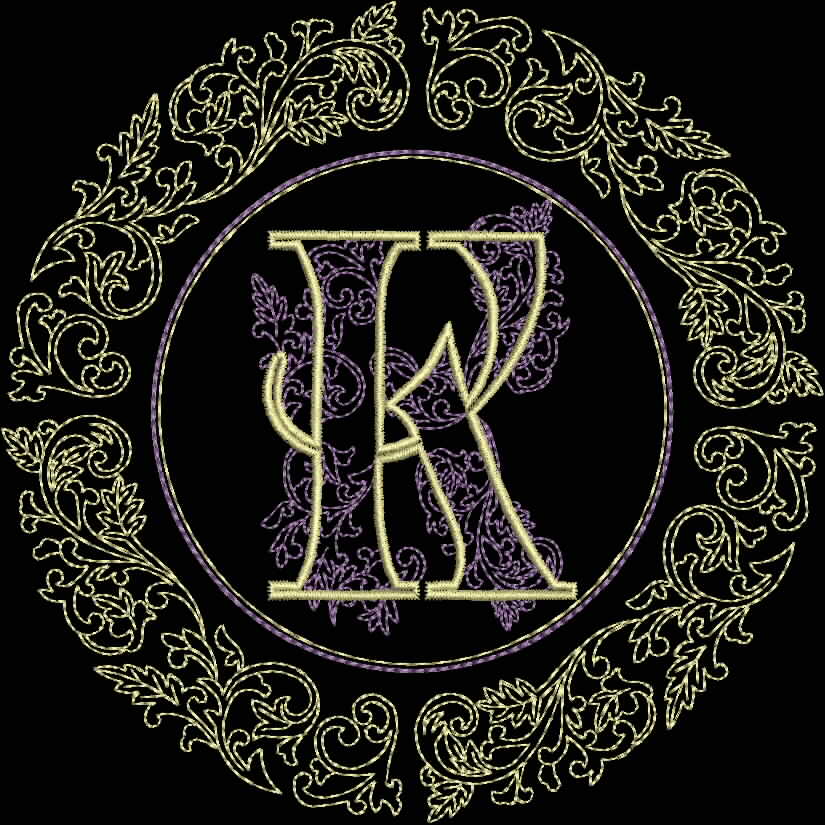 An embroidery design of an ornate circular monogram featuring the letters "K" and "R" intertwined within a decorative, leafy border.