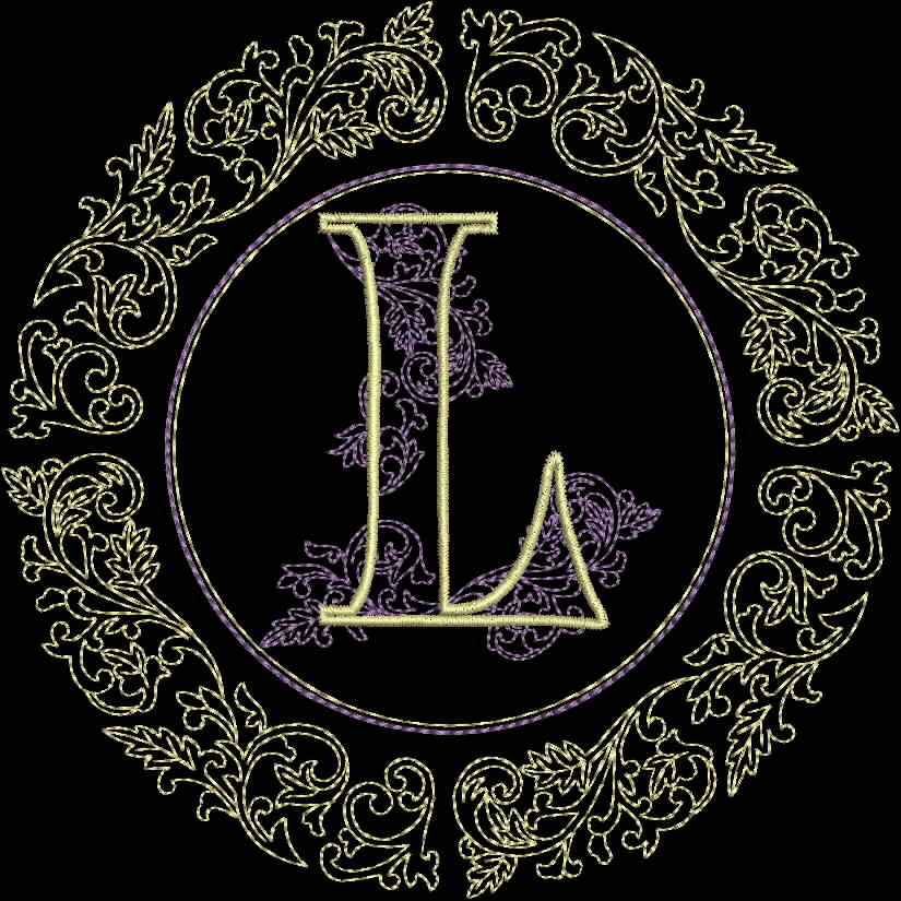 An embroidery design of a stylized letter "L" surrounded by intricate floral motifs within a circular border.