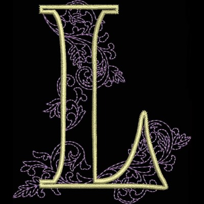 GSA_L_Single An embroidery design of a stylized letter "L" intertwined with floral motifs in elegant threadwork.
