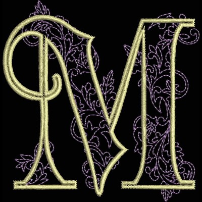 An embroidery design of an elegant letter "M" with intricate floral detailing in a contrasting color.