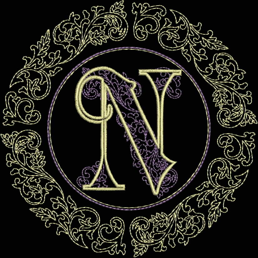 An embroidery design of an ornate circular frame showcasing the letter "N" embellished with intricate foliage and decorative elements.
