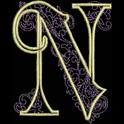 GSA_N_Single An embroidery design of the letter "N" embellished with intricate purple floral patterns.