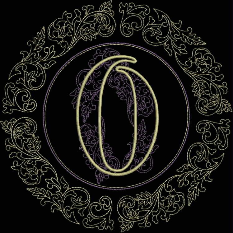 An embroidery design of a decorative letter "O" surrounded by intricate floral motifs in a circular pattern.