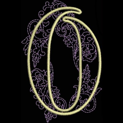 GSA_O_Single An embroidery design of a large, stylized letter "O" surrounded by intricate floral motifs in a contrasting color.