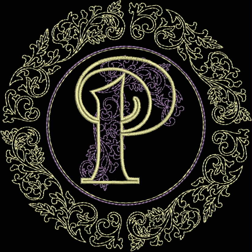 An embroidery design of a decorative letter "P" surrounded by intricate floral motifs in a circular arrangement.