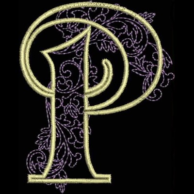 GSA_P_Single An embroidery design of an ornate, stylized letter "P" accented with decorative floral swirls.