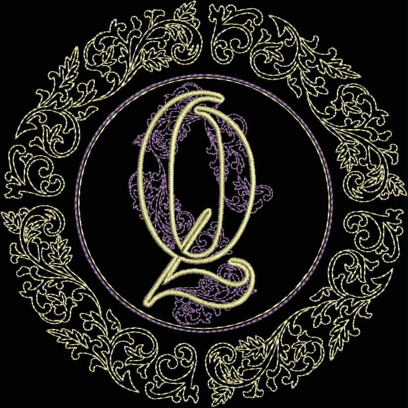 An embroidery design of a stylized letter "Q" surrounded by intricate floral motifs in contrasting colors.