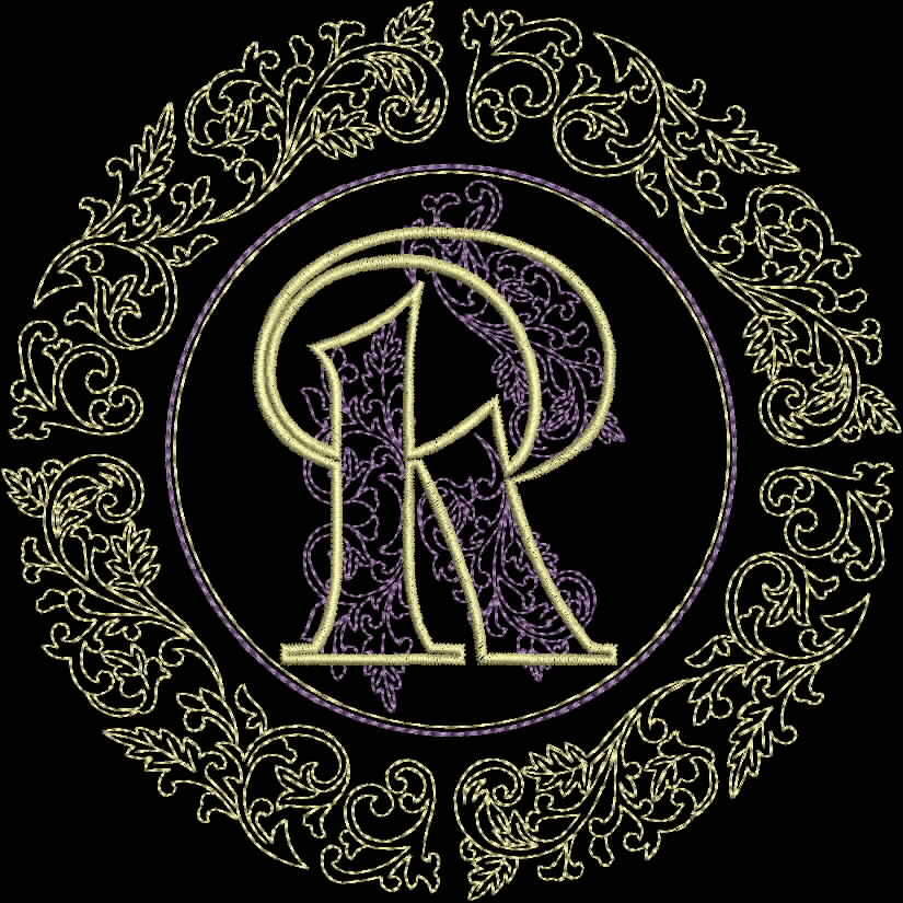An embroidery design of an ornate letter "R" enclosed in a decorative circular frame with intricate leaf patterns.
