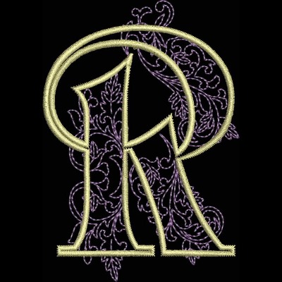 An embroidery design of intertwined letters "R" in a decorative style, embellished with floral motifs in a contrasting color.
