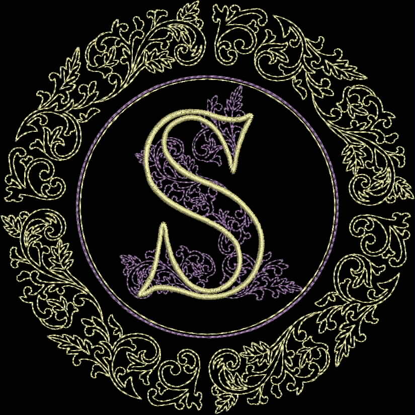 An embroidery design of a decorative circular motif featuring the letter "S" in the center, surrounded by intricate floral patterns.