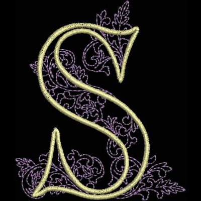 An embroidery design of a decorative letter "S" embellished with elegant floral motifs in purple and gold.
