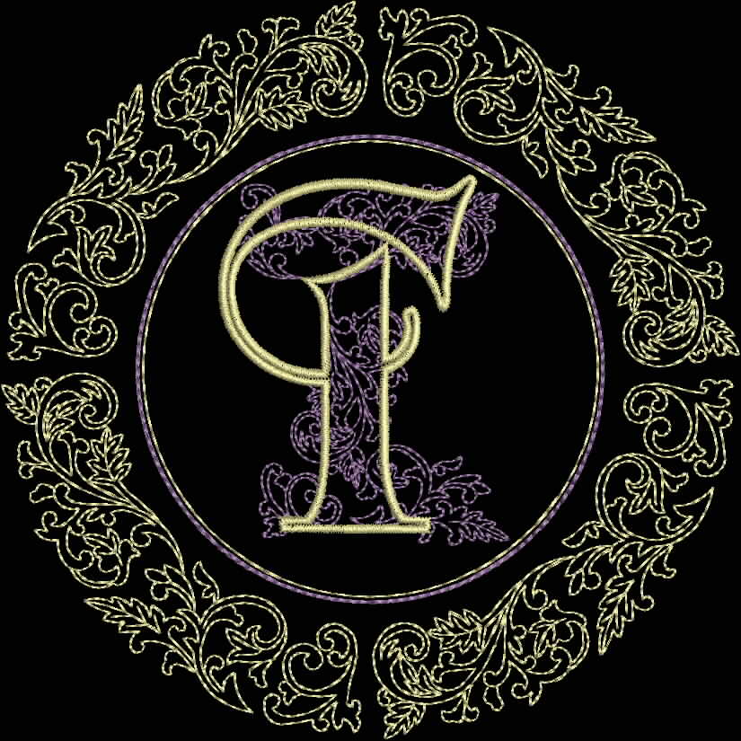 An embroidery design of an ornate letter 'P' surrounded by intricate floral elements in a circular pattern.
