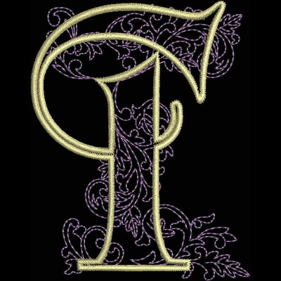 GSA_T_Single An embroidery design of an ornate letter "P" featuring elegant flourishes in a soft color palette.