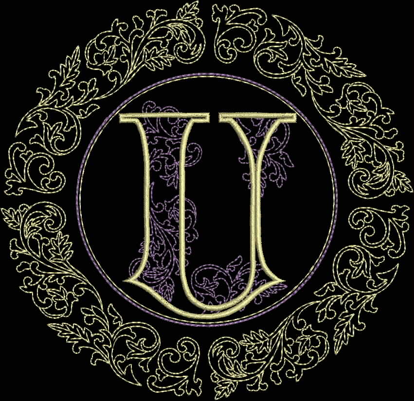 GSA_U_Border6x6 An embroidery design of the letter "U" elegantly framed by ornate, swirling foliage.