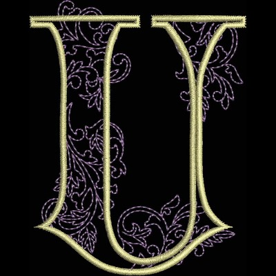 GSA_U_Single An embroidery design of a large, decorative letter "U" embellished with intricate floral motifs in shades of purple and gold.