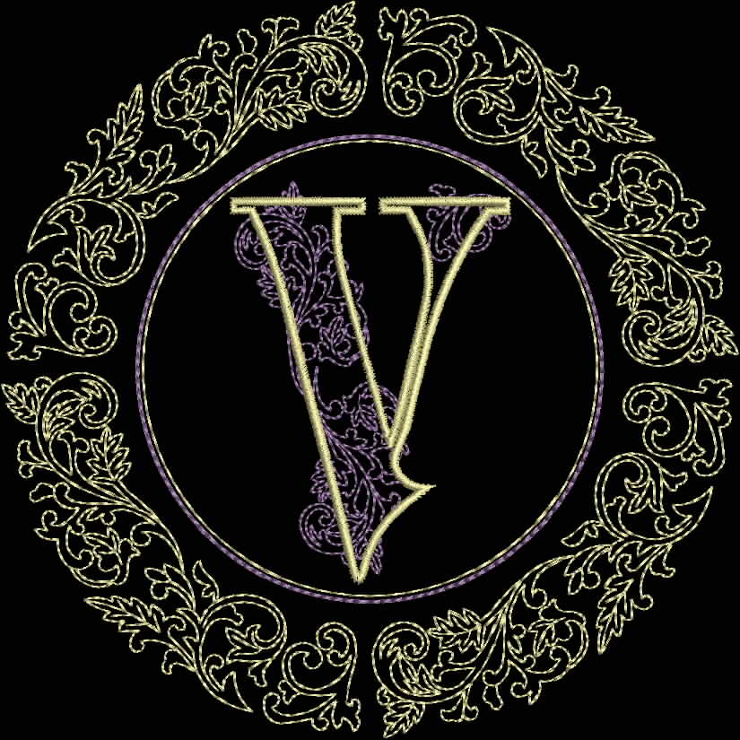 An embroidery design of an ornate circular frame featuring the letter "V" in the center, surrounded by intricate floral motifs.