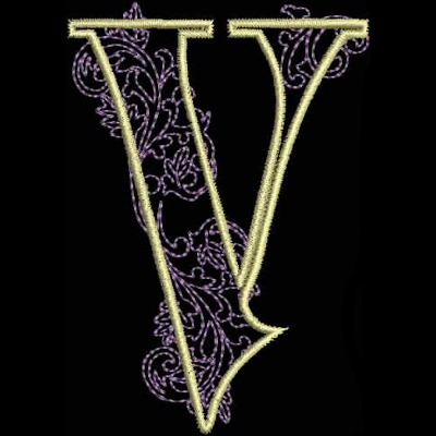 GSA_V_Single An embroidery design of a stylized letter "V" adorned with intricate floral patterns in shades of purple and gold.