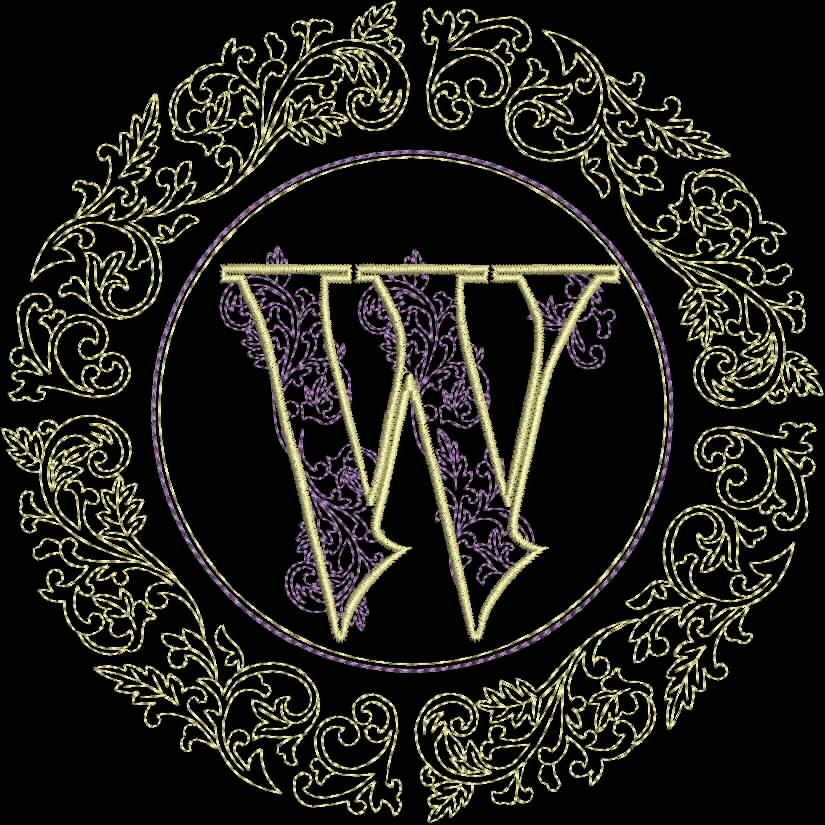 An embroidery design of an ornate letter "W" surrounded by intricate floral details in a circular frame.