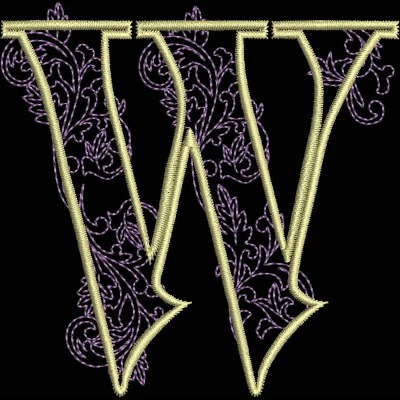 GSA_W_Single An embroidery design of a letter "W" embellished with elegant purple floral swirls.
