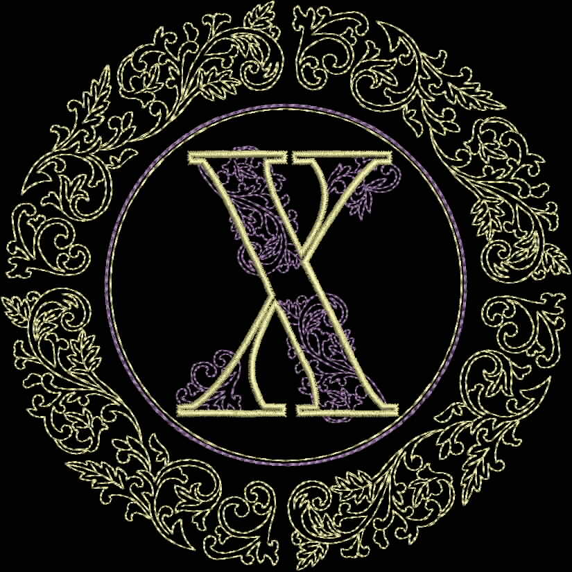 An embroidery design of a large, ornate letter "X" encircled by delicate floral elements and intricate scrollwork.