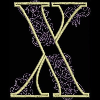 An embroidery design of a stylized letter "X" embellished with delicate floral patterns in shades of purple and surrounded by a golden outline.