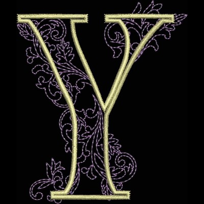 An embroidery design of a stylized letter "Y" adorned with intricate floral patterns in lavender and yellow colors.
