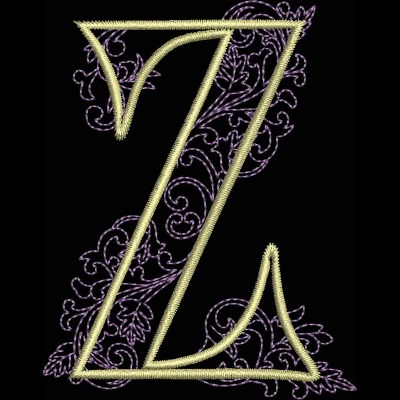 GSA_Z_Single An embroidery design of an ornate letter "Z" embellished with delicate floral motifs in purple and gold.