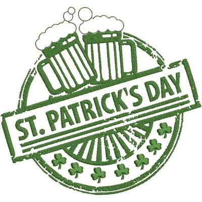An embroidery design of two beer mugs and the text "St. Patrick's Day" surrounded by shamrocks.