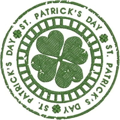 An embroidery design of a green circular stamp featuring a four-leaf clover and the text "St. Patrick's Day" repeated around the edge.
