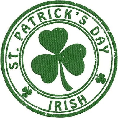 An embroidery design of a green shamrock within a circular badge featuring the text "ST. PATRICK'S DAY" and "IRISH" around it.