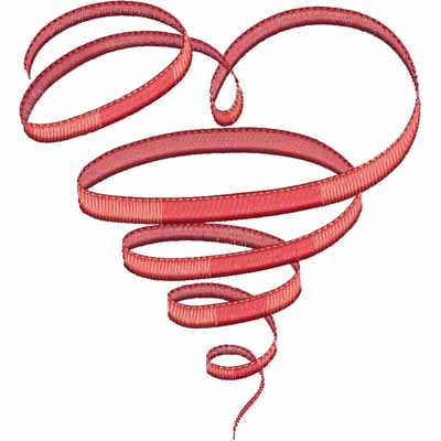 An embroidery design of a swirling ribbon in the shape of a heart, crafted in various shades of red.
