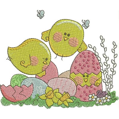 An embroidery design of two cheerful yellow chicks near colorful Easter eggs, surrounded by flowers and greenery.
