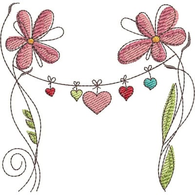 An embroidery design of two pink flowers flanking a string of colorful hearts, featuring delicate leaves and swirls.