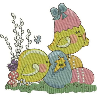 An embroidery design of two cute chicks next to colorful Easter eggs, accented by flowers and a butterfly.
