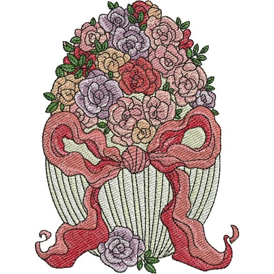 An embroidery design of a decorative egg filled with a bouquet of colorful flowers and adorned with a large, flowing ribbon.