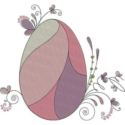 An embroidery design of an intricately patterned egg in shades of pink and purple, adorned with delicate flowers and swirling vines.