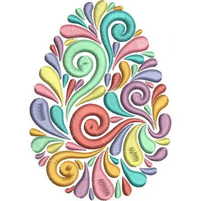 An embroidery design of a colorful, swirling floral pattern arranged in the shape of an egg.