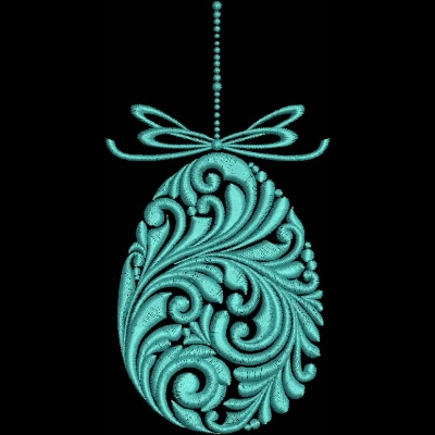 An embroidery design of an intricately decorated turquoise egg with flowing swirls and a decorative bow at the top.