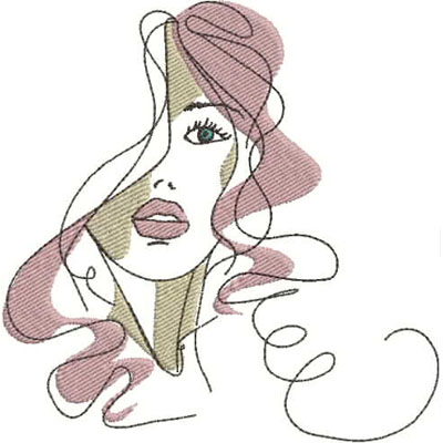 An embroidery design of a stylized woman's face with flowing hair and bold features.