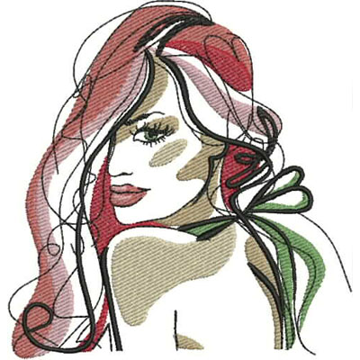 An embroidery design of a stylized female figure with flowing hair and a graceful profile prominently featuring shades of red, green, and neutral tones.