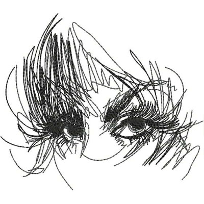An embroidery design of a pair of expressive eyes featuring long eyelashes and intricate hair outlines.