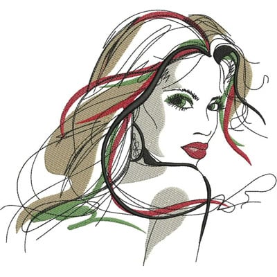 An embroidery design of a stylized female profile featuring flowing hair and bold facial features, accentuated by vibrant colors.