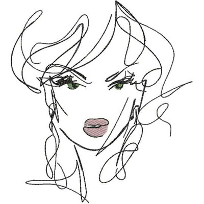 An embroidery design of a stylized face featuring bold features, flowing hair, and striking green eyes.