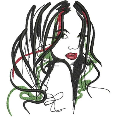 An embroidery design of a stylized female face with flowing hair highlighted in black, green, and red, featuring bold red lips.