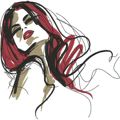 An embroidery design of a stylized woman's face with flowing hair and bold red lips.