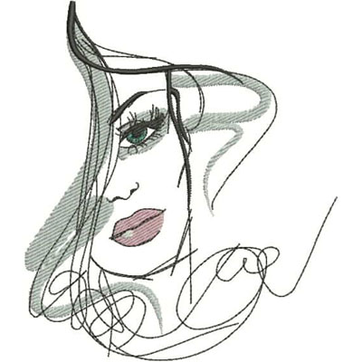 An embroidery design of a stylized female face featuring flowing lines, bold eyelashes, and a soft color palette.