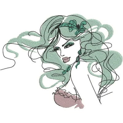 An embroidery design of a stylish woman with flowing hair and elegant features, adorned with accessories.