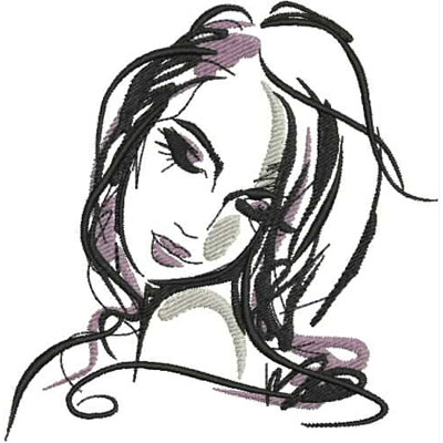 An embroidery design of a stylized woman's face with flowing hair and dramatic facial features, rendered in black and shades of purple.