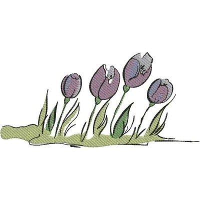 An embroidery design of a row of purple tulips with green leaves, showcasing delicate details and varying shades.