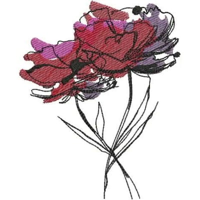 An embroidery design of two stylized flowers with vibrant petals in shades of red and purple, accented by delicate black outlines.